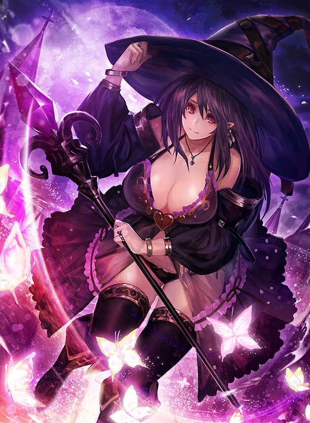 1girl, black_legwear, black_panties, boots, bracelet, breasts, butterfly, character_request, cleavage, cristian_penas, cross-laced_footwear, earrings, hat, heart, holding, huge_breasts, jewelry, lace-up_boots, lock, long_hair, magic, nail_polish, necklace, original, panties, pink_eyes, pointy_ears, purple, purple_hair, purple_nails, ring, smile, solo, staff, thigh-highs, underwear, wizard_hat