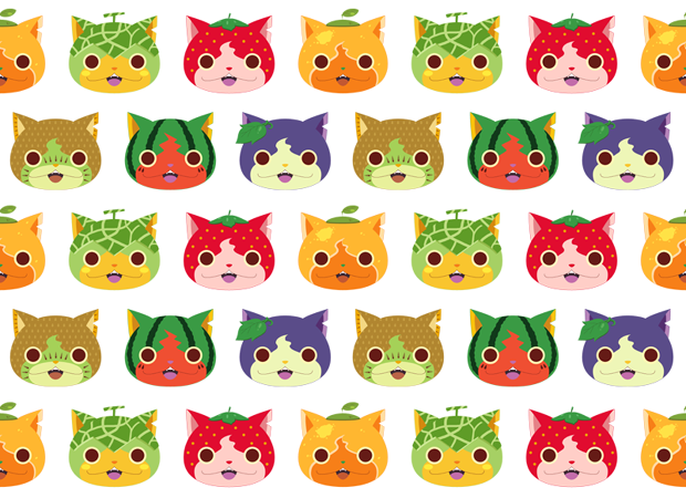 budounyan, cat, face, fangs, food, fruit, grapes, ichigonyan, kika_(apple_sm2), kiwifruit, kiwinyan, leaf, looking_at_viewer, mandarin_orange, melonnyan, mikannyan, muskmelon, no_humans, notched_ear, open_mouth, simple_background, strawberry, suikanyan, wallpaper, watermelon, white_background, youkai, youkai_watch