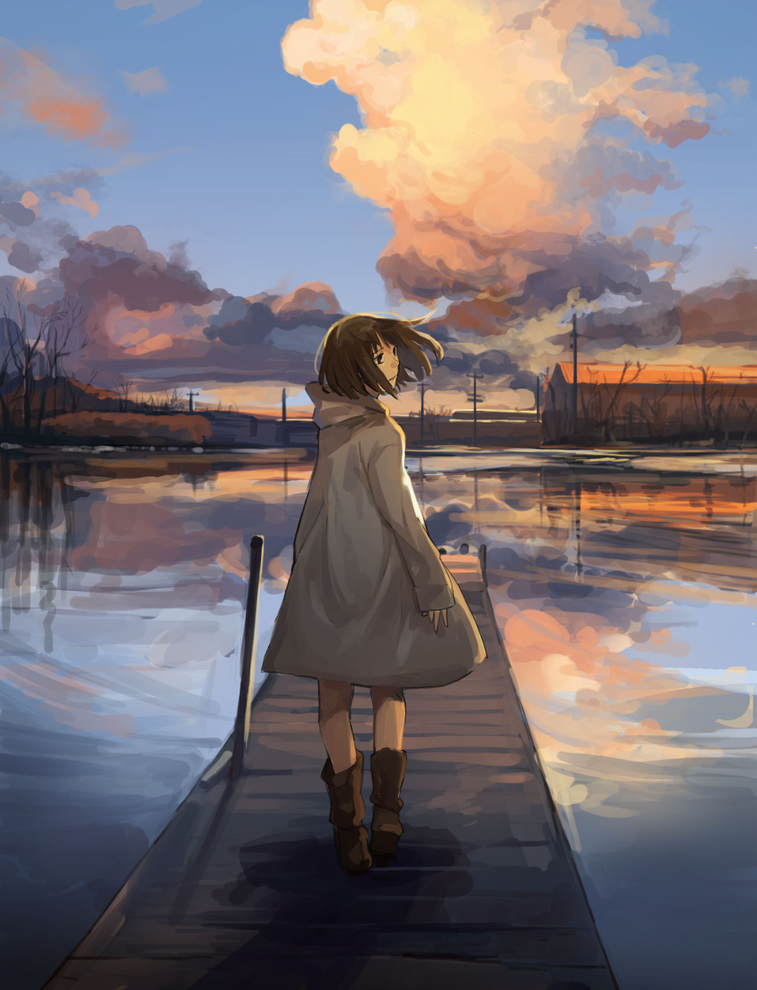 1girl, blue_sky, boots, brown_boots, building, clouds, coat, dock