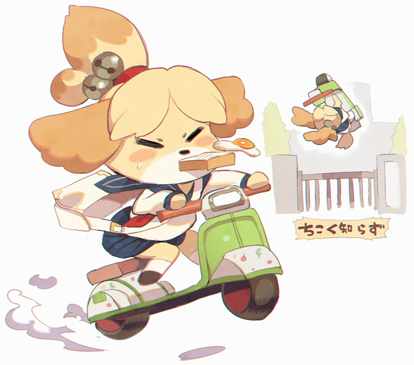 1girl, animal_crossing, aoneko, bag, dog, hurry, isabelle_(animal_crossing), mario_kart_8, motor_vehicle, no_humans, rikose, school_uniform, scooter, tagme, tail, vehicle