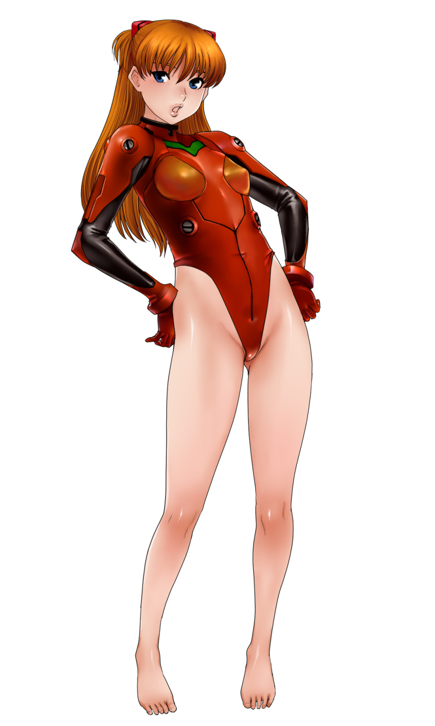 blue_eyes, brown_hair, feet, hands_on_hips, highleg, highres, legs, leotard