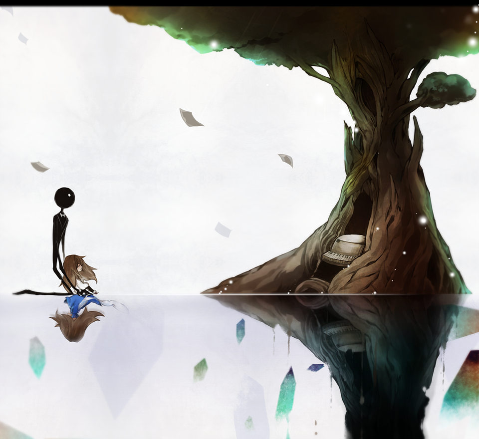1girl, closed_eyes, deemo, deemo_(character), different_reflection, girl_(deemo), lestored_cro, petals