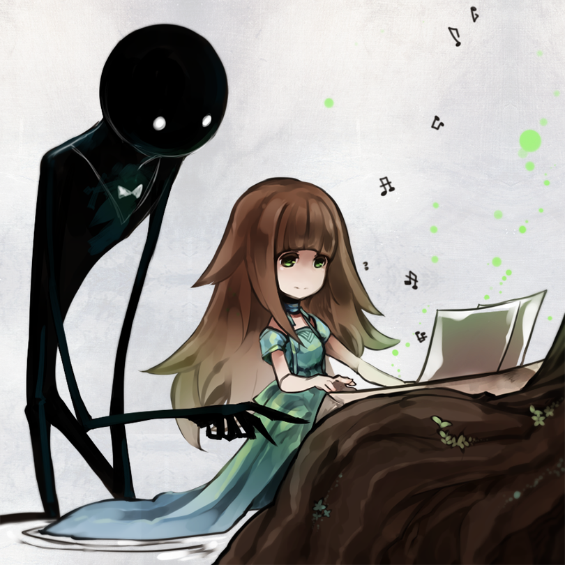 1girl, alternate_costume, deemo, deemo_(character), dress, girl_(deemo), height_difference, instrument