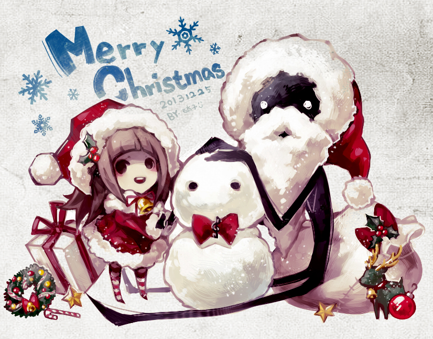 1girl, anyueh, brown_hair, chibi, christmas, deemo, deemo_(character), gift