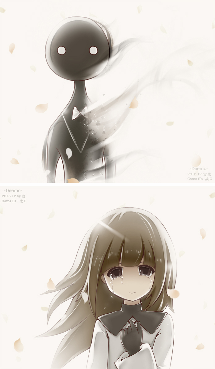 1girl, cherry_blossoms, deemo, deemo_(character), dissolving, girl_(deemo), hand_on_own_chest, head_tilt