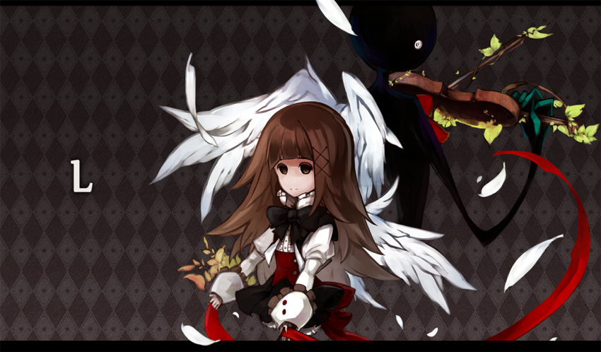 1girl, back-to-back, bow, brown_hair, cropped_jacket, deemo, deemo_(character), girl_(deemo)