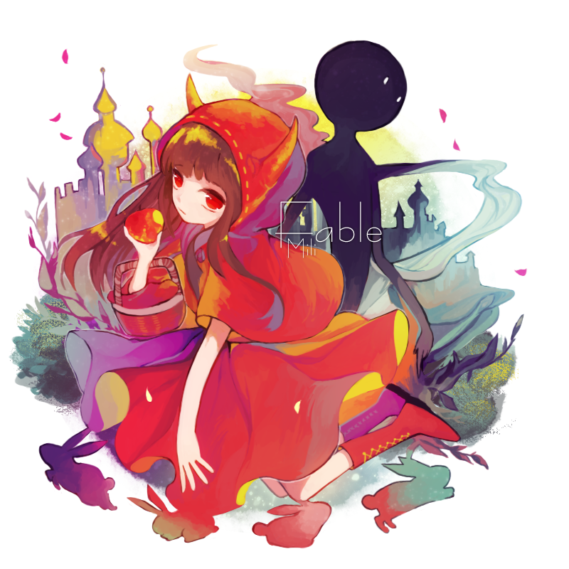 1girl, apple, boots, brown_hair, castle, cosplay, deemo, deemo_(character)