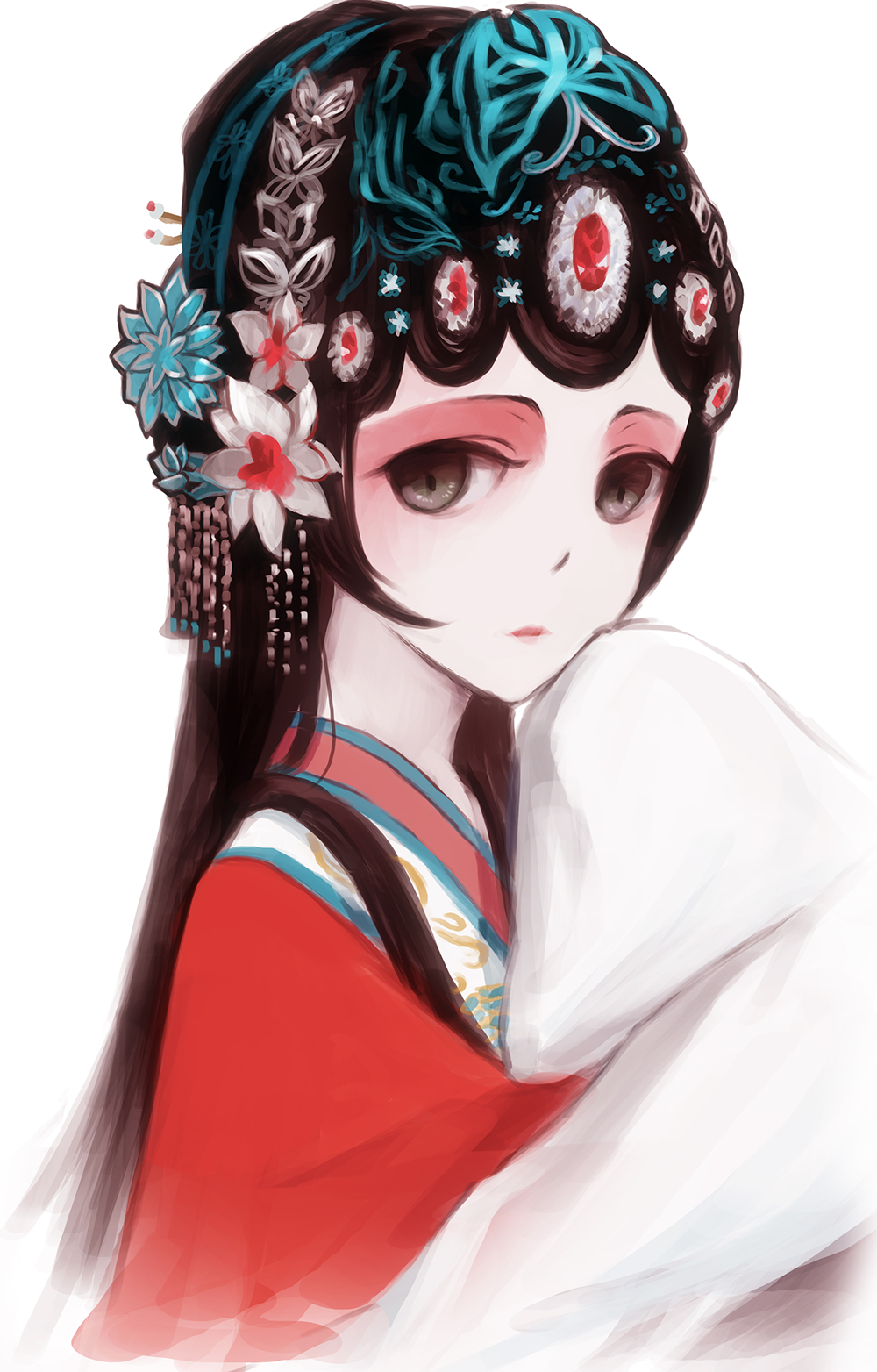 1girl, deemo, expressionless, flower, girl_(deemo), hair_flower, hair_ornament, highres