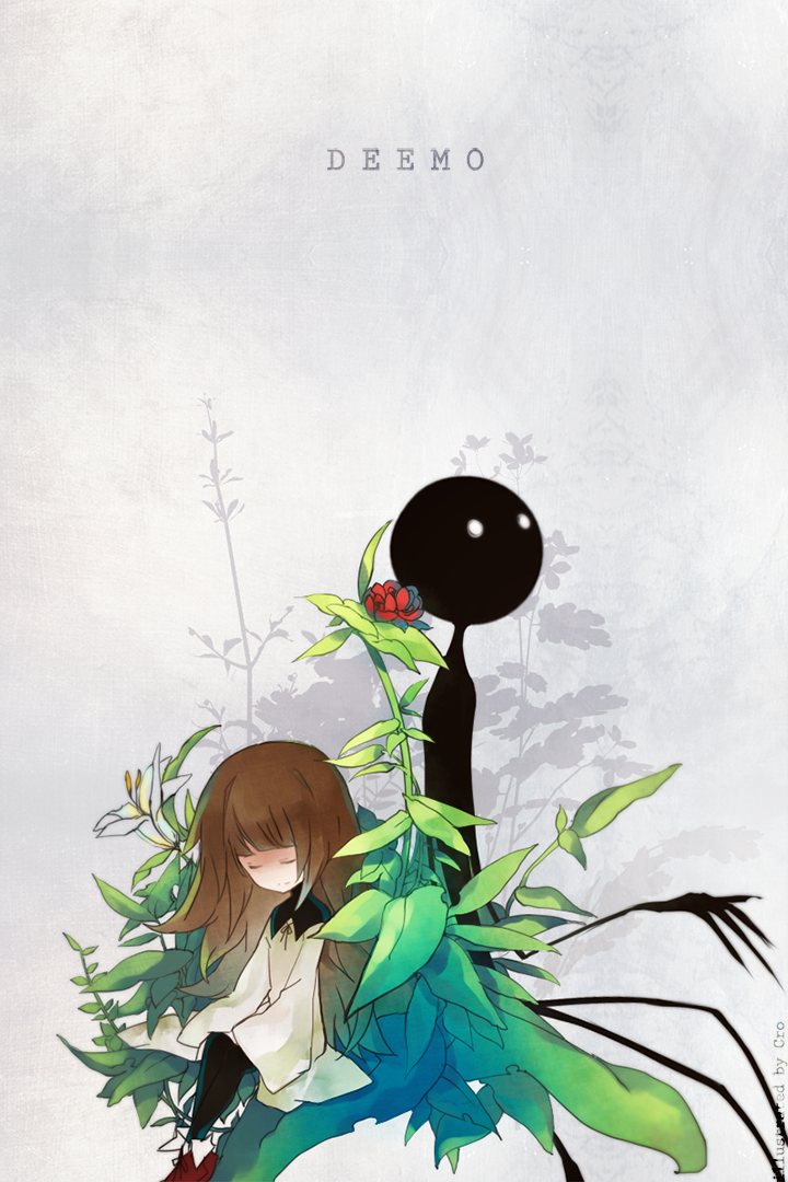 1girl, back-to-back, brown_hair, closed_eyes, deemo, deemo_(character), dress, girl_(deemo)
