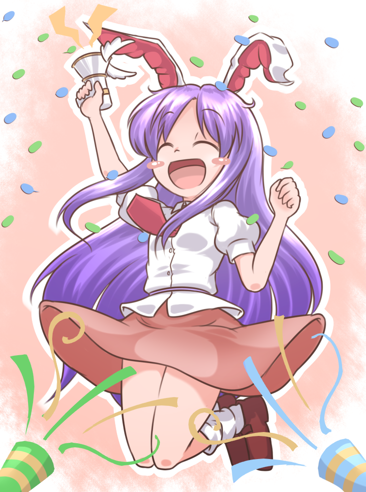 1girl, animal_ears, closed_eyes, confetti, gun, hinate, jumping, legacy_of_lunatic_kingdom, long_hair, necktie, open_mouth, purple_hair, rabbit_ears, reisen_udongein_inaba, skirt, smile, solo, touhou, weapon