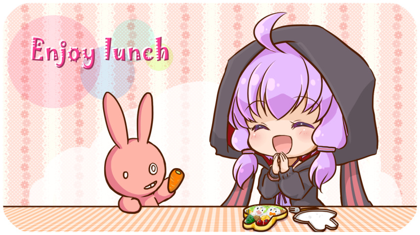 1girl, ahoge, animal_ears, blush, carrot, chibi, colored_eyelashes, english, fork, hair_ornament, hooded_jacket, jacket, long_hair, long_sleeves, lunch, lunchbox, open_mouth, purple_hair, rabbit, ruruko_(artist), smile, solo, twintails, vocaloid, yuzuki_yukari