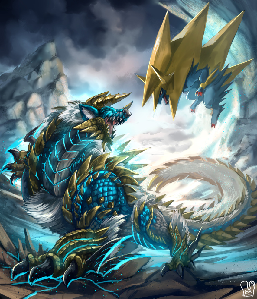 absurdres, claws, clouds, cloudy_sky, crack, crossover, fangs, fur