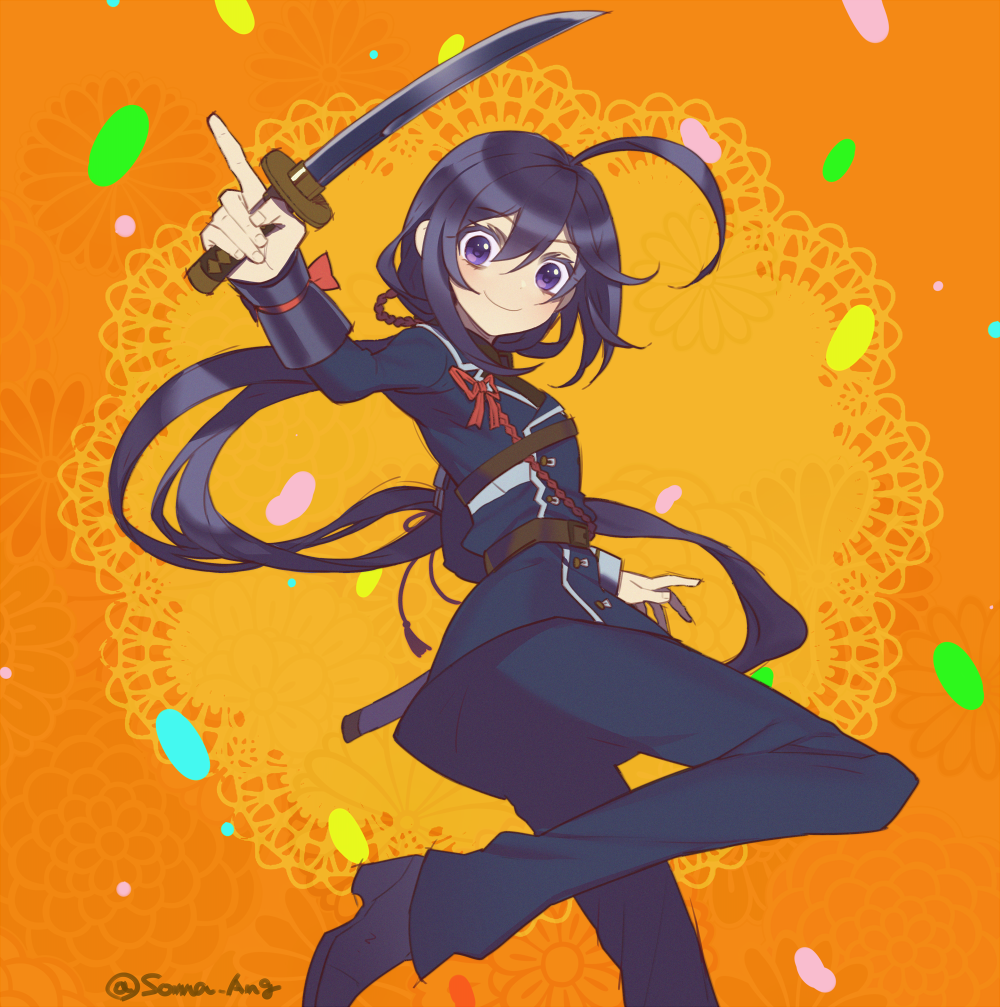 1boy, ahoge, black_hair, long_hair, male_focus, military, military_uniform, namazuo_toushirou