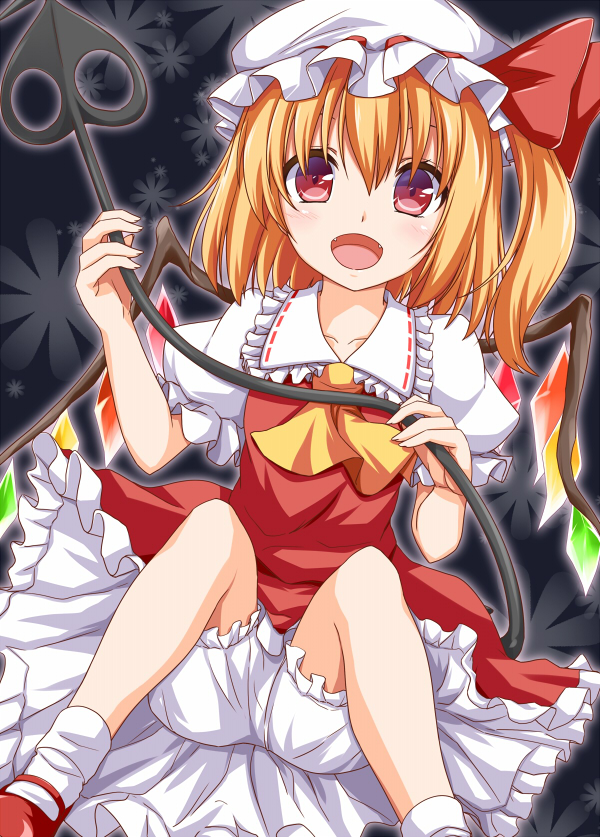 1girl, ascot, blonde_hair, bloomers, dress, fangs, flandre_scarlet, hat