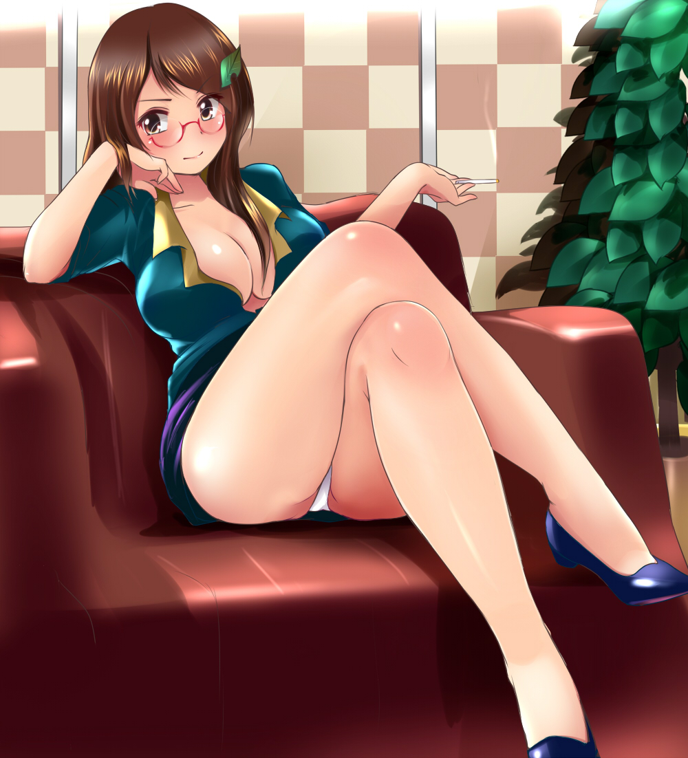 1girl, ass, bare_legs, breasts, brown_eyes, brown_hair, cigarette, cleavage