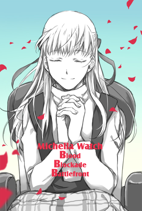 1girl, closed_eyes, kekkai_sensen, long_hair, michella_watch, mikazuki, monochrome, praying