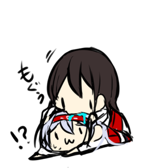 2girls, :3, akagi_(kantai_collection), brown_hair, chibi, commentary, drooling, headband