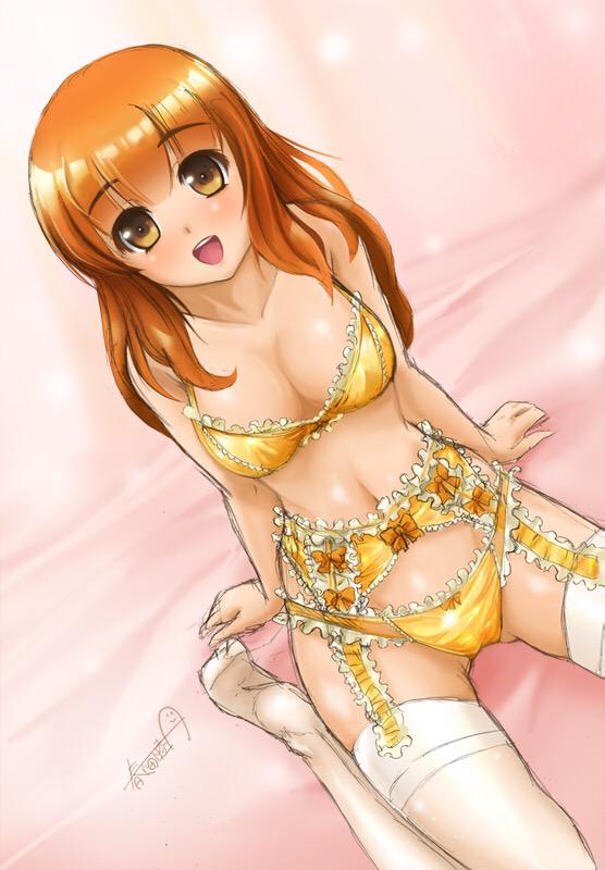 1girl, :d, arm_support, artist_name, bare_arms, bed, bed_sheet, blush