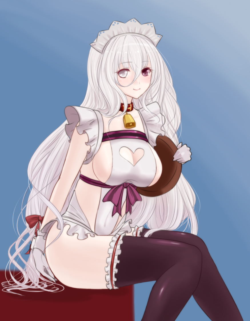 1girl, apron, bell, bell_collar, black_legwear, breasts, cleavage_cutout, collar, covered_navel, gloves, heterochromia, kuroda_kanbee_(sengoku_bushouki_muramasa), large_breasts, long_hair, looking_at_viewer, maid_apron, maid_headdress, naked_apron, sengoku_bushouki_muramasa, sideboob, sitting, smile, ten_(tentojidon), tray, white_gloves, white_hair