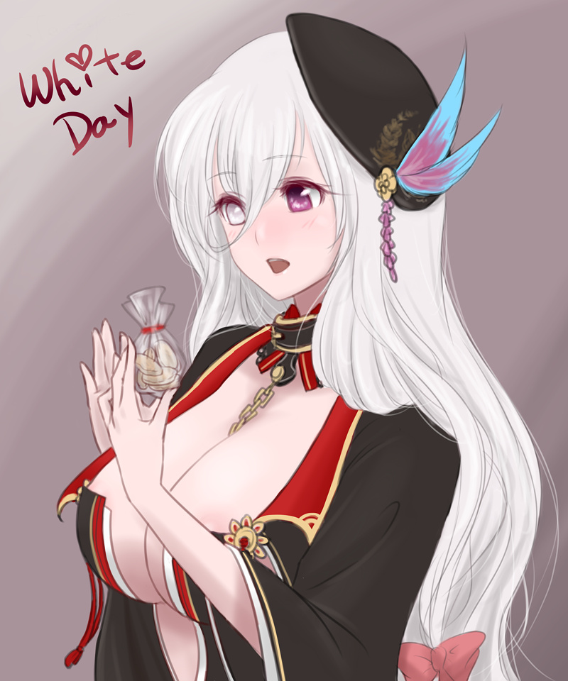 1girl, between_breasts, black_dress, blush, bow, breasts, choker, cleavage, dress, hair_bow, hat, heterochromia, huge_breasts, kuroda_kanbee_(sengoku_bushouki_muramasa), long_hair, open_mouth, sengoku_bushouki_muramasa, ten_(tentojidon), white_day, white_hair