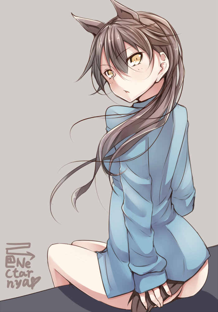 1girl, angela_salas_larrazabal, animal_ears, ass, bottomless, brown_hair, extra_ears, from_behind