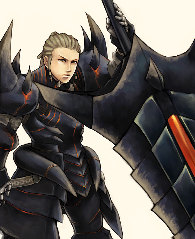 akam_(armor), arm_up, armor, belt, gauntlets, grey_eyes, grey_hair, hair_ornament, hair_tubes, hairlocs, horns, huge_sword, huge_weapon, looking_at_viewer, male, monster_hunter, ponytail, sideburns, simple_background, solo, standing, sword, weapon