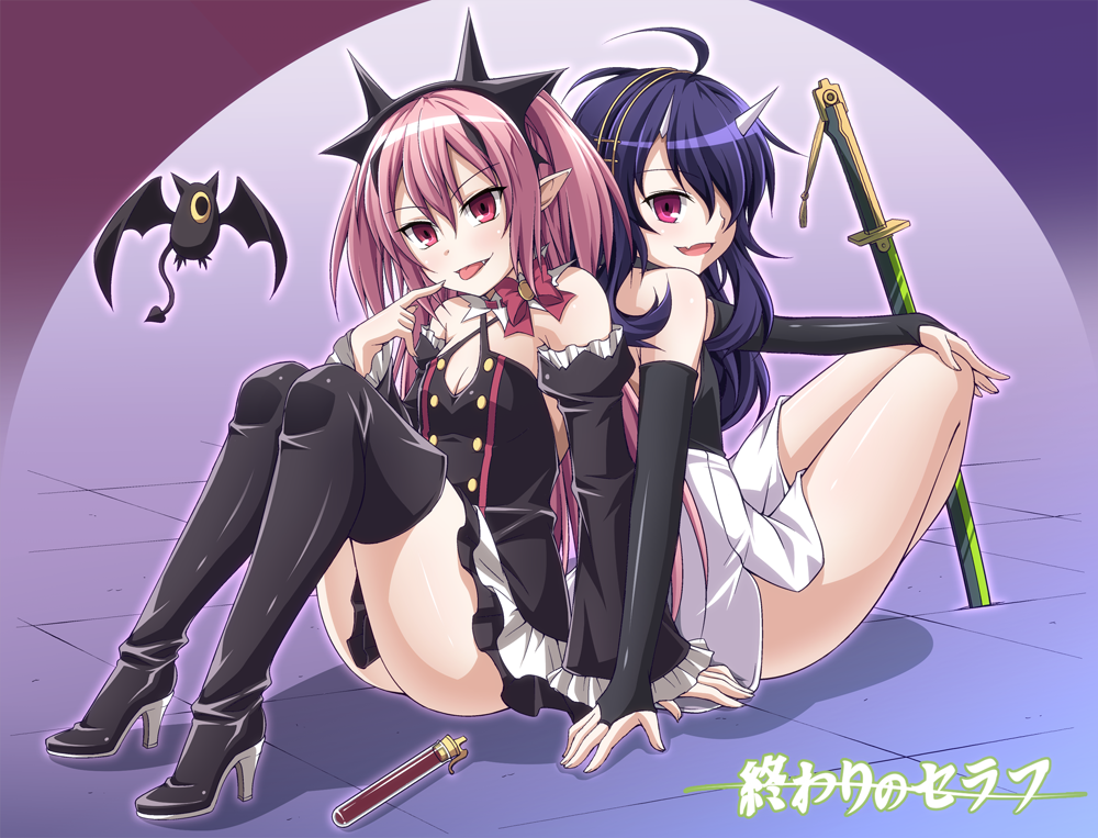 2girls, bat, blue_hair, cyclops, demon_girl, detached_sleeves, katana, krul_tepes