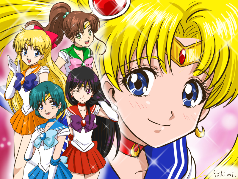 5girls, :d, aino_minako, bishoujo_senshi_sailor_moon, black_hair, blonde_hair, blue_bow, blue_eyes, blue_hair, blue_skirt, bow, brooch, brown_hair, choker, crescent_earrings, earrings, elbow_gloves, gloves, green_eyes, hair_bobbles, hair_bow, hair_bun, hair_ornament, half_updo, hand_on_own_chest, hino_rei, jewelry, kino_makoto, long_hair, magical_girl, mizuno_ami, multiple_girls, one_eye_closed, open_mouth, orange_skirt, pink_bow, pleated_skirt, ponytail, purple_bow, red_bow, red_skirt, sailor_collar, sailor_jupiter, sailor_mars, sailor_mercury, sailor_moon, sailor_venus, short_hair, signature, skirt, smile, sparkle, tiara, tsukino_usagi, twintails, violet_eyes, white_gloves, yukimi_(kurumi-no-naruki)