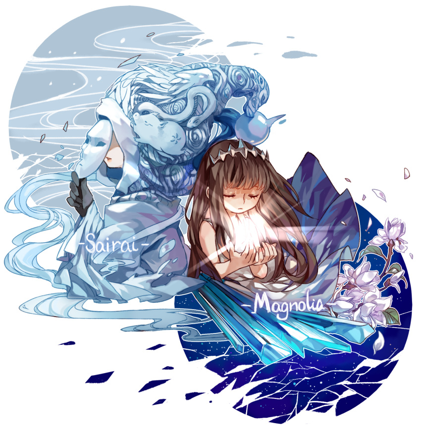 2girls, brown_hair, closed_eyes, crystal, deemo, flower, girl_(deemo), harrymiao