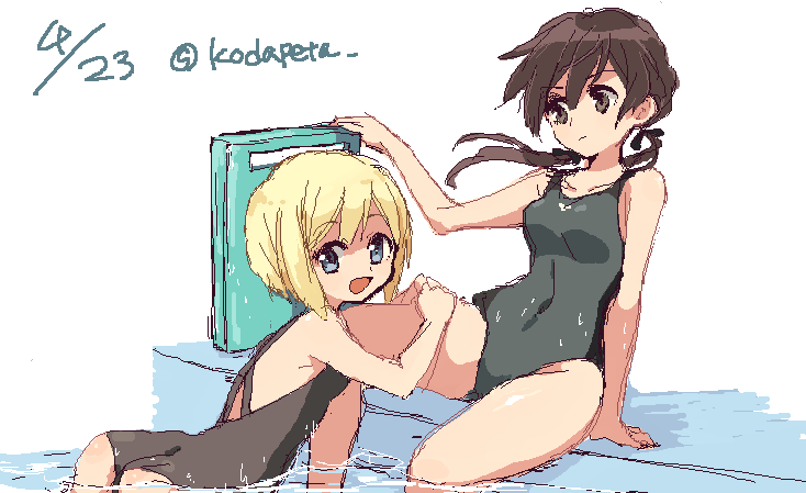 2girls, :d, ass, black_ribbon, blonde_hair, blue_eyes, bob_cut, brown_eyes