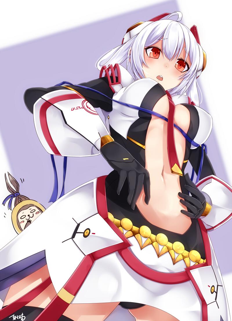 1girl, ahoge, black_panties, blush, breasts, center_opening, cleavage, cleavage_cutout