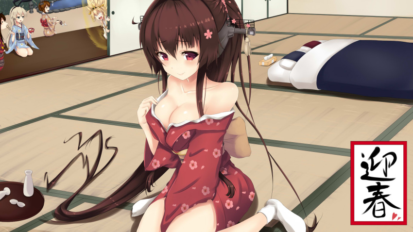 5girls, akagi_(kantai_collection), alcohol, breasts, brown_hair, cleavage, eating, futon