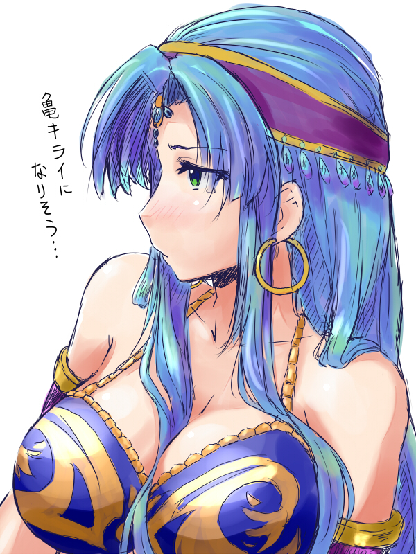1girl, aoyagi_kakerugeki, armlet, bare_shoulders, blue_hair, breasts, cleavage, collarbone