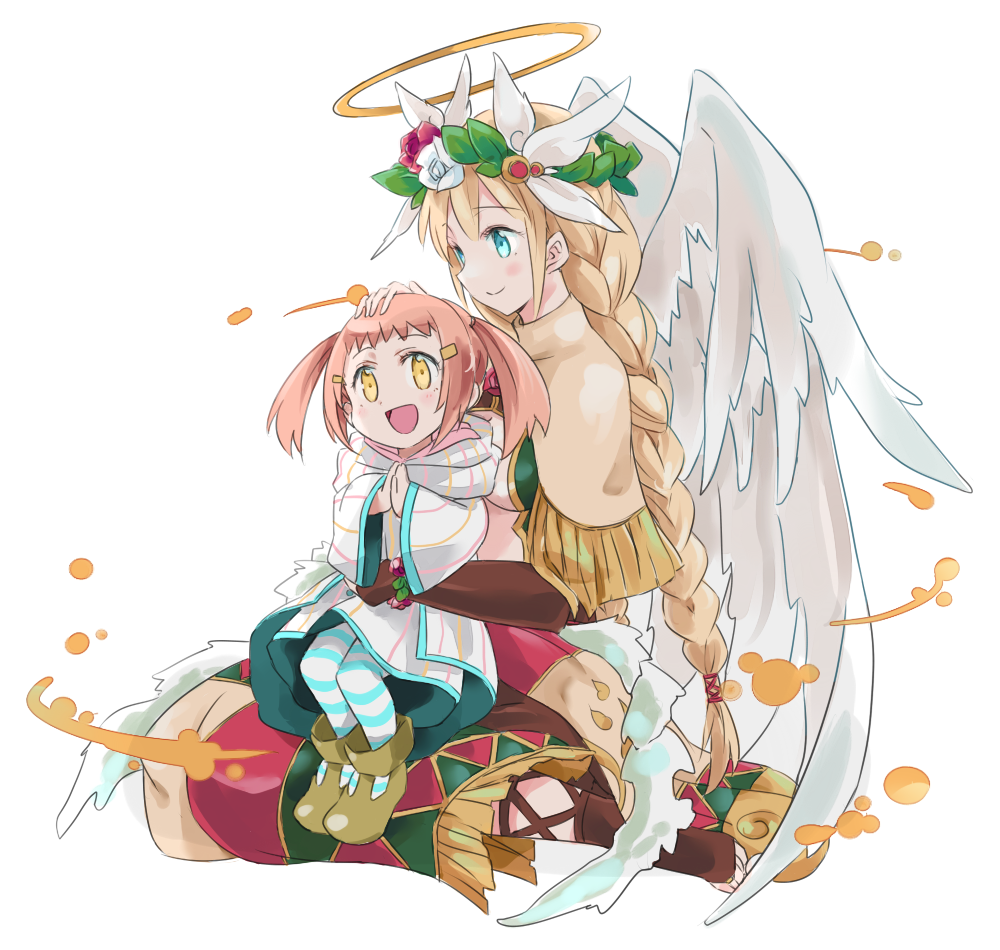 2girls, :d, angel, angel_wings, archangel_(p&amp;d), blonde_hair, blue_eyes, blush