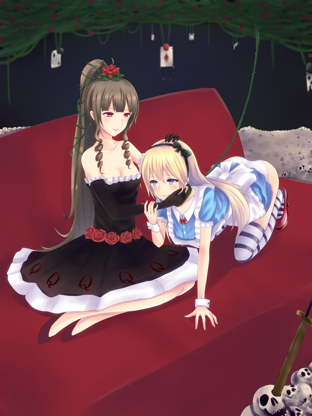 2girls, alice_(wonderland), alice_in_wonderland, all_fours, ass, bare_shoulders, black_dress, black_gloves