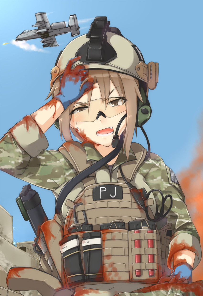 1girl, a-10, airplane, america, american_flag, assault_rifle, ayyh, blood