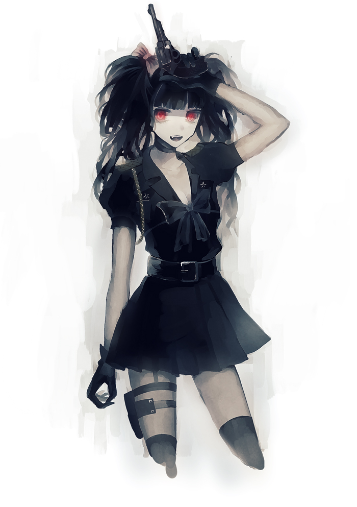 1girl, :d, belt, black_dress, black_gloves, black_hair, black_legwear, bow