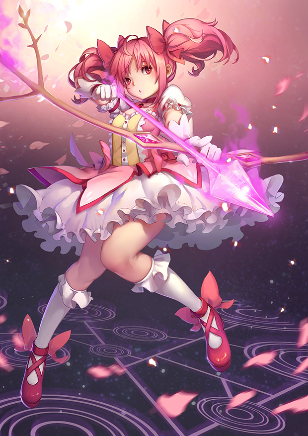 1girl, arrow, bow_(weapon), drawing_bow, dress, gloves, index_finger_raised, kaname_madoka