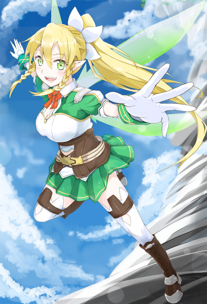 1girl, blonde_hair, braid, fairy_wings, gloves, green_eyes, highres, leafa