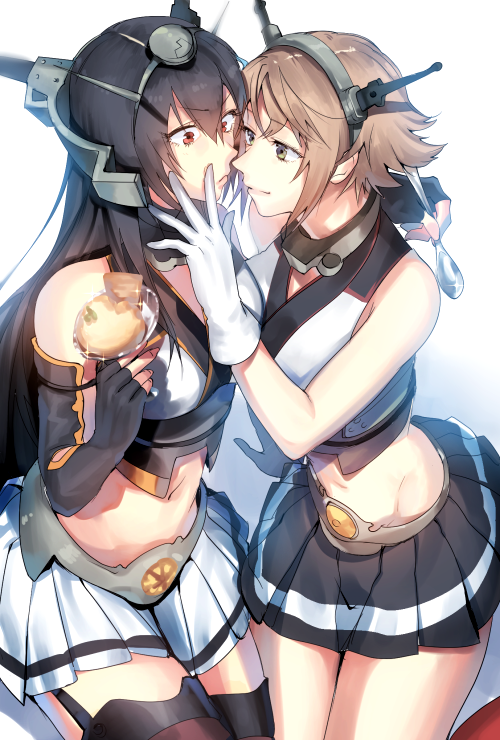 2girls, blonde_hair, detached_sleeves, food, hand_on_another's_face, ice_cream, kantai_collection, kurumiya_hato