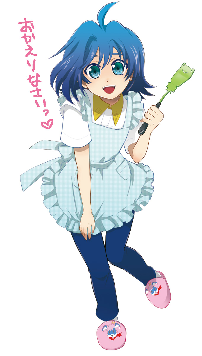 1boy, ahoge, apron, blue_eyes, blue_hair, blush, cardfight!!_vanguard, highres, kano_ko, male_focus, open_mouth, sendou_aichi, short_hair, slippers, smile, solo, spatula