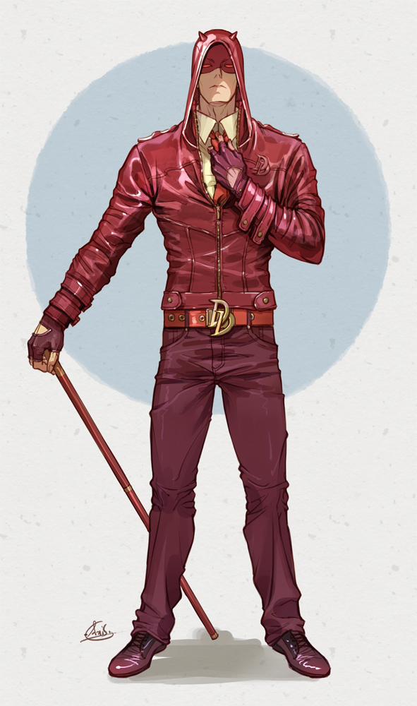 1boy, axis04, cane, daredevil, fingerless_gloves, gloves, horns, leather_jacket