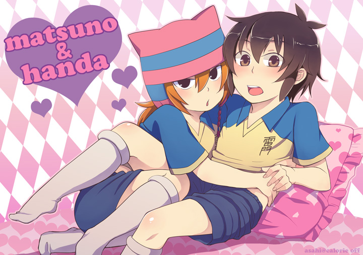 2boys, ahoge, blush, character_name, handa_shin'ichi, hat, heart, hug