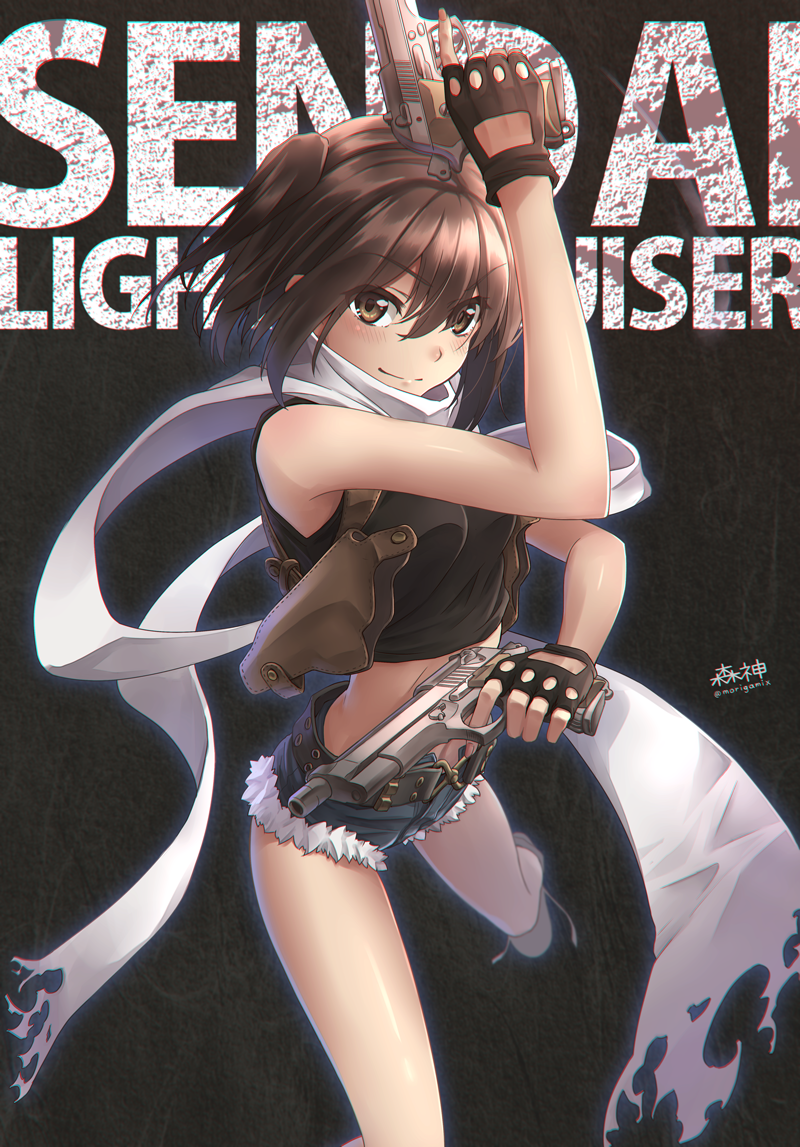 armpit_holster, black_gloves, black_lagoon, boots, brown_hair, character_name, cutoffs, d-style_wed