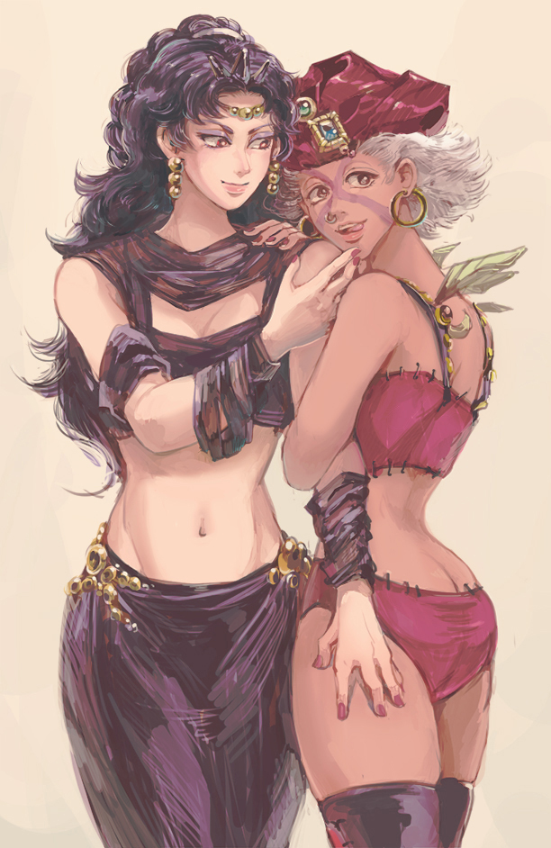 black_hair, brown_eyes, chocoblood, earrings, esidisi, feathers, genderswap, hand_on_another's_face, hand_on_another's_hip, headband, headdress, horns, jewelry, jojo_no_kimyou_na_bouken, kars_(jojo), long_hair, midriff, nose_ring, red_eyes, scarf, stitches, tongue, tongue_out, white_hair