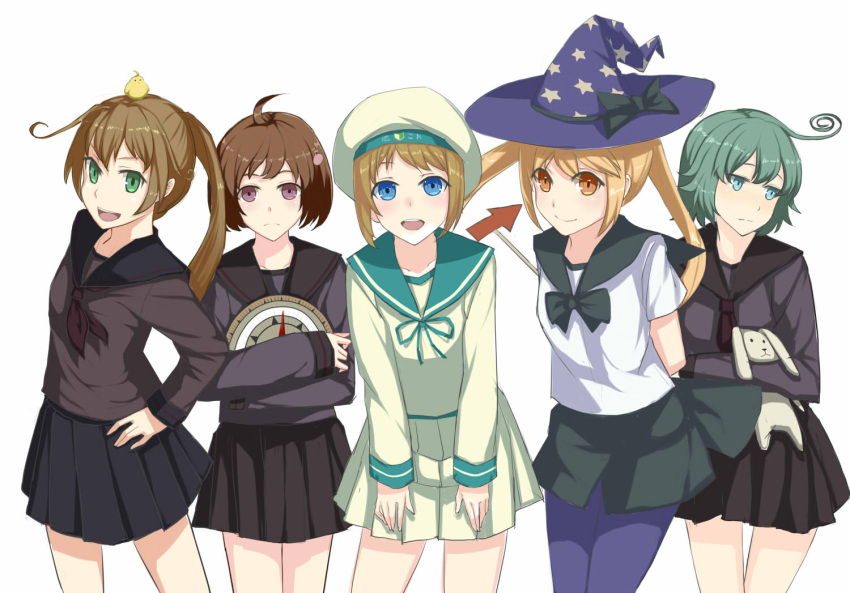 5girls, ahoge, animal_on_head, bird, black_skirt, blonde_hair, blue_eyes, cha_(kantai_collection)