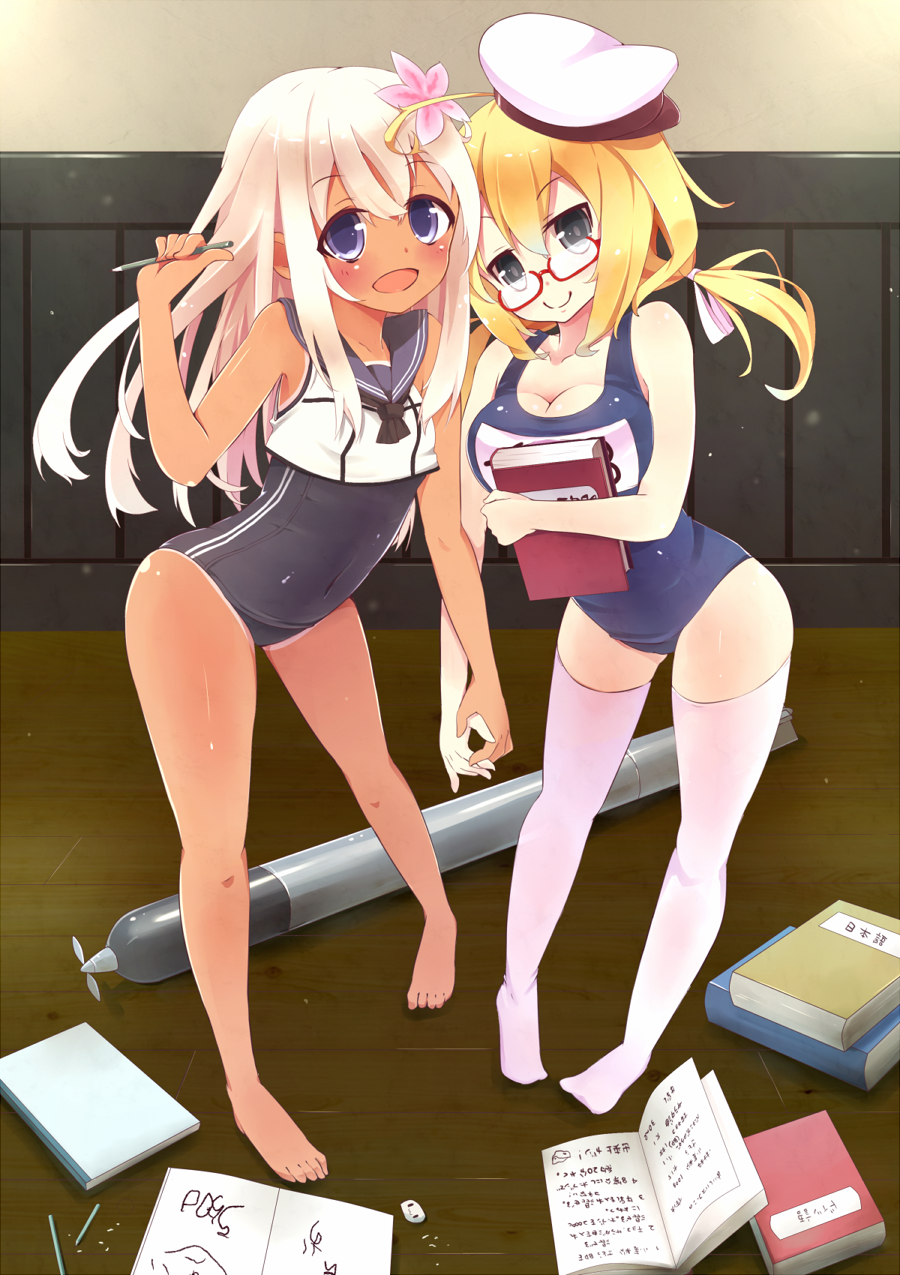 2girls, :d, bare_legs, bare_shoulders, barefoot, black_eyes, blue_eyes, book