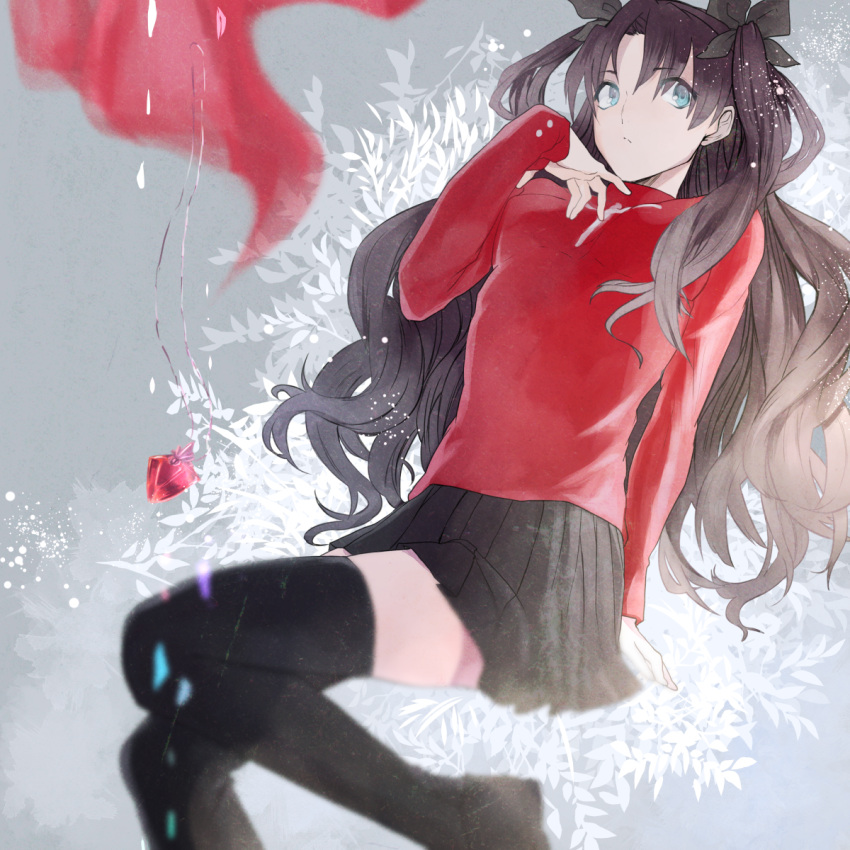 1girl, benibeni, black_hair, blue_eyes, fate/stay_night, fate_(series), hair_ribbon, highres, jewelry, long_hair, long_sleeves, pendant, ribbon, thigh-highs, tohsaka_rin, toosaka_rin, two_side_up, zettai_ryouiki