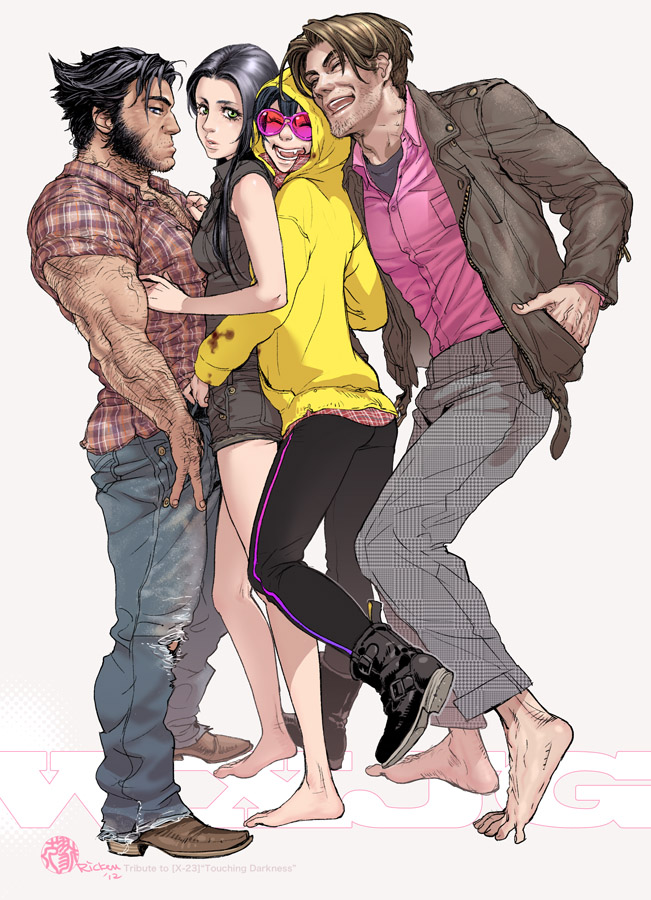 2boys, 2girls, barefoot, black_hair, brown_hair, closed_eyes, gambit, jubilee