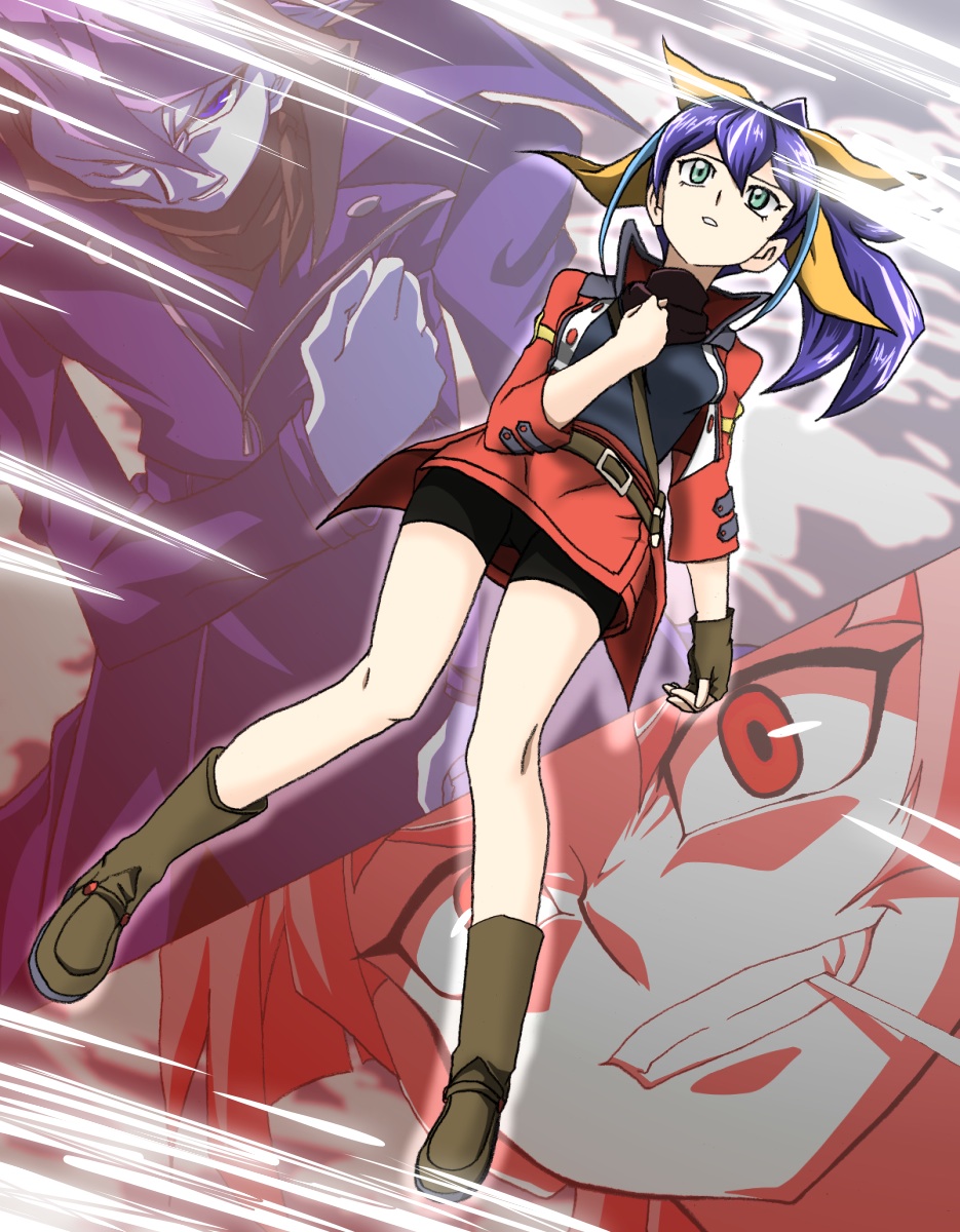 1girl, 2boys, bike_shorts, blue_hair, bow, coat, fingerless_gloves, gloves